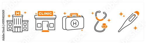 A set of 5 mix icons as hospital building, clinic, first aid kit