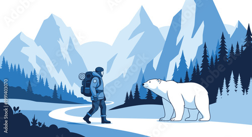 Adventurous traveler with backpack facing large polar bear on snowy path in frozen mountain arctic landscape.