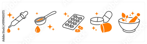 A set of 5 mix icons as medicine dropper, cough syrup, blister pack