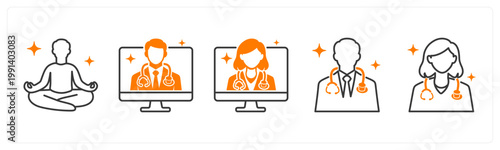 A set of 5 mix icons as medidation, online consultation, male doctor