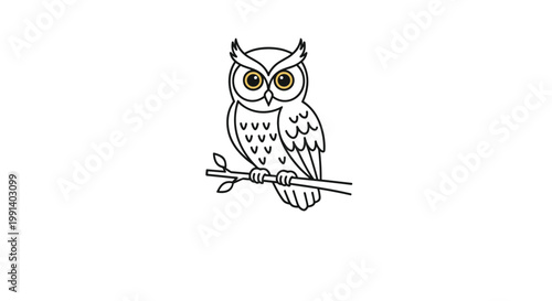 Detailed line art illustration of wise owl with golden eyes perched on tree branch over white background.