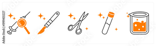 A set of 5 mix icons as vaccine research, scalpel, surgical scissors