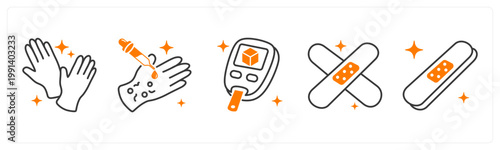 A set of 5 mix icons as lab gloves, allergy test, diabetes test