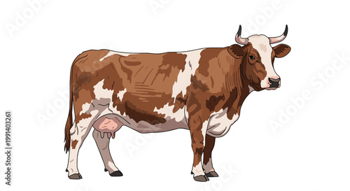 Realistic illustration of brown and white dairy cow standing on pasture field isolated on white background.