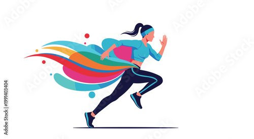 Athletic woman running fast with vibrant colorful trails behind her representing speed, energy, and fitness.