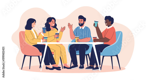 Diverse group of friends sitting at cafe table drinking coffee and talking together in friendly social atmosphere.