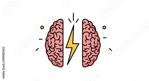 Human brain split in half by powerful yellow lightning bolt representing brainstorming, headache, or mental conflict.