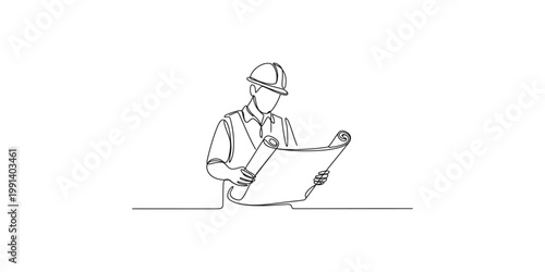 A line drawing of a construction worker in a hard hat looking at blueprints in his hands standing on white background