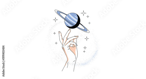 Artistic illustration of human hand balancing planet saturn on fingertip against cosmic space background with stars.