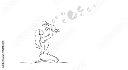 Minimalist line art drawing of mother lifting her happy baby high in air symbolizing love and maternal bond.