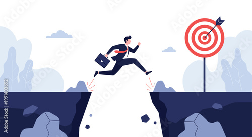 Businessman in suit jumping over a deep canyon toward a target board with an arrow in the bullseye symbolizing goals and success.