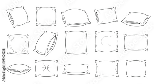 Set of pillow sketches showing various angles and shapes of cushions for home decor and comfortable sleep concepts.