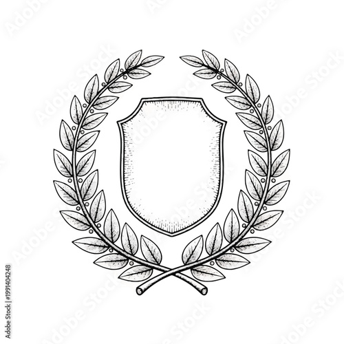 Blank Laurel Wreath Emblem with Shield Outline.