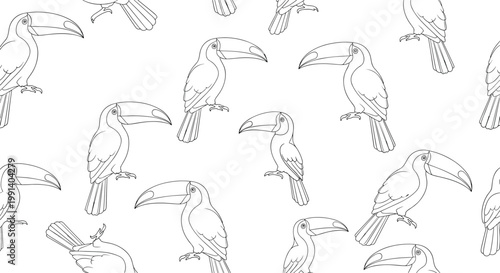 Seamless pattern of toucan bird sketches in a repeating layout for tropical themed backgrounds and textile designs.