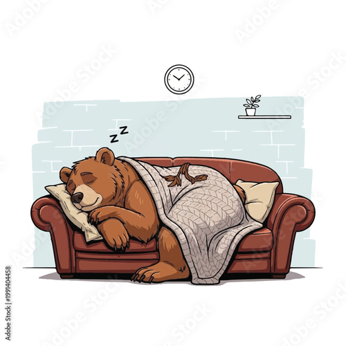 Brown bear sleeping peacefully on a comfortable sofa covered with a blanket.