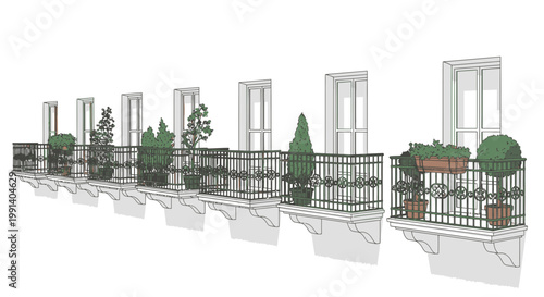 Elegant Balconies with Greenery on Building Facade