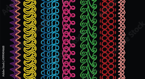 Vibrant colorful lace patterns on black background a decorative textile display