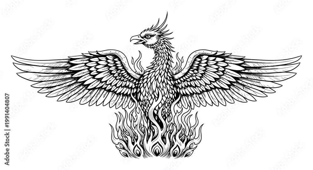 Fototapeta premium Majestic phoenix bird rising from flames with wings spread wide in a powerful symbolic gesture of rebirth and freedom