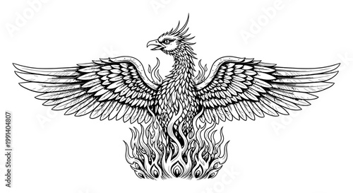 Majestic phoenix bird rising from flames with wings spread wide in a powerful symbolic gesture of rebirth and freedom