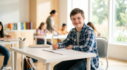 Smiling teenage boy in a plaid shirt sits at a school desk writing in a notebook in a classroom, student life, education concept, academic success.