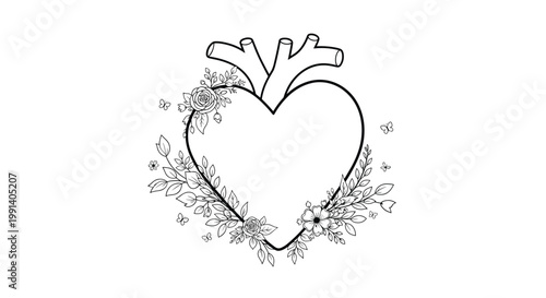 Heart-shaped frame decorated with delicate floral ornaments and anatomical vessels in a black and white line art style.