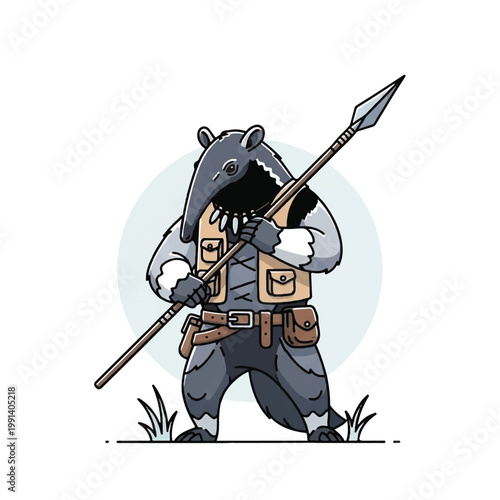 Cartoon Anteater Warrior Holding Spear.