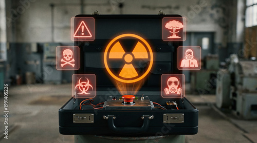 Sci-Fi Doomsday Device Featuring Central Atomic Radiation Sign and Toxic Alert Icons