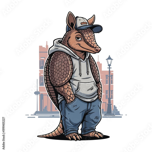 Cartoon Armadillo Wearing a Hoodie and Baseball Cap.