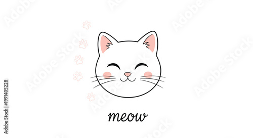 Adorable white cat face illustration with rosy cheeks and paw prints accompanied by the word meow in cursive script.
