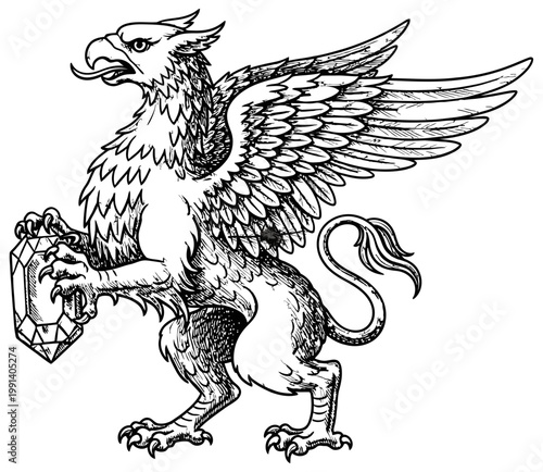 Griffin creature with lion body and eagle wings holds a mask