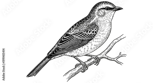 Small bird perched on a thin branch looking sideways