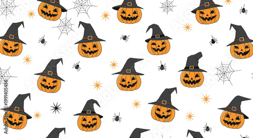 Festive Halloween seamless pattern featuring jack-o-lanterns wearing witch hats, spiders, webs, and golden stars.