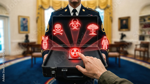 Military Officer Holding Open Nuclear Briefcase with Glowing Radiation Button Being Pressed by Hand and Floating Biohazard, Skull and Mushroom Cloud Hazard Icons in Elegant Government Hall