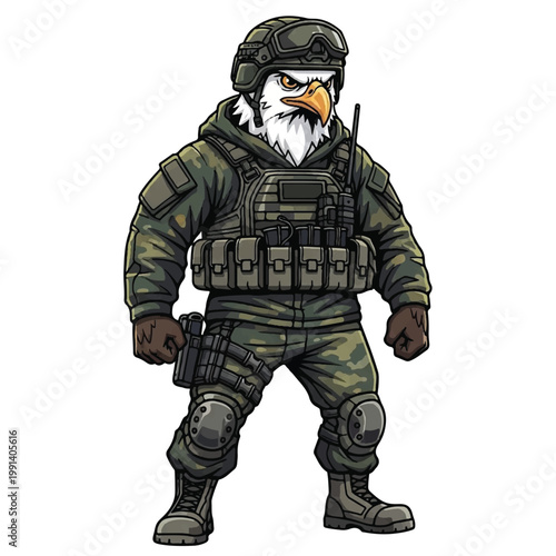 Cartoon Eagle Soldier Wearing Military Uniform and Helmet.