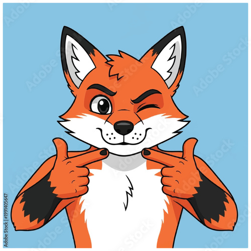 Cartoon Fox Character Winking and Pointing Fingers.