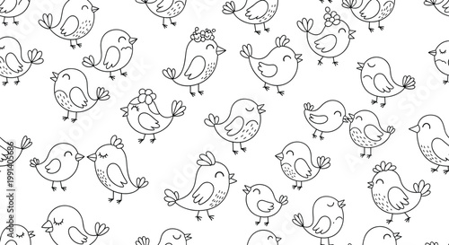 Charming black and white seamless pattern of cute little birds in various poses with floral details and crowns.