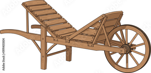 Rustic Wooden Wheelbarrow Garden Cart Vector Illustration with Vintage Timber Design for Landscaping Projects, Farming Decorations, Traditional Agriculture, and Countryside Outdoor Decor