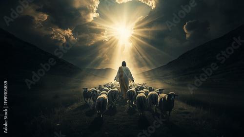 Jesus Leading Sheep Toward Divine Light Dramatic Biblical Salvation Concept