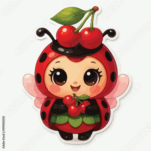 Adorable cartoon ladybug character with big eyes happily holds a fresh bunch of cherries while wearing a cherry on its head.