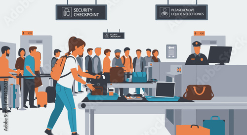 People undergo security screening at airport checkpoint travel illustration