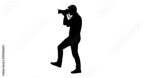 Photographer silhouette capturing image conceptual representation isolated against white background