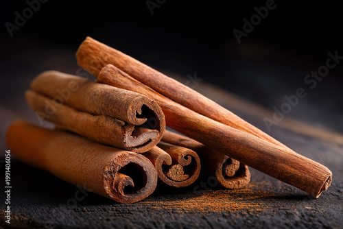 Cinnamon sticks on a dark wooden background