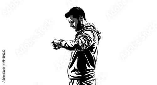 Man checking wristwatch black and white illustration isolated