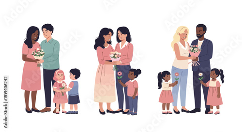 Three diverse families are celebrating International Mother's Day, each couple holding bouquets of flowers while their children offer single roses, set against a clean white background