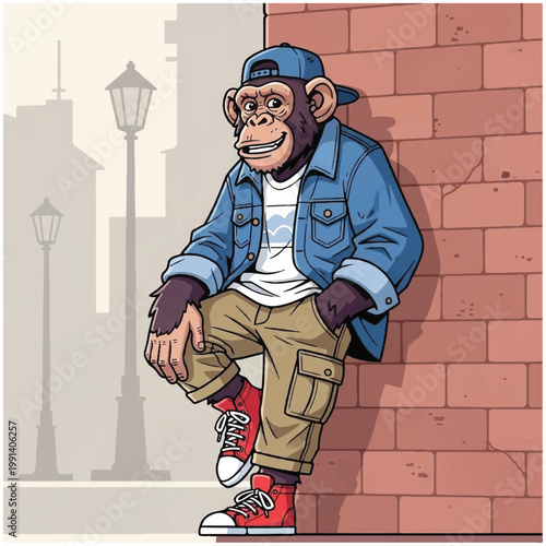 Cartoon Monkey Dressed in Urban Streetwear Leaning Against Brick Wall.