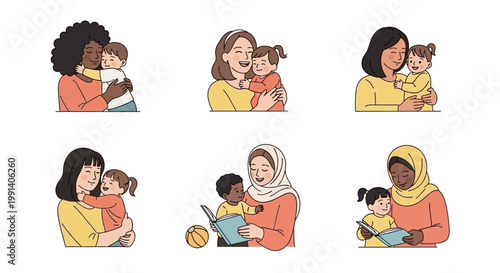 A diverse collection of International Mother's Day illustrations shows happy mothers of different ethnicities tenderly holding their young children against a clean white background