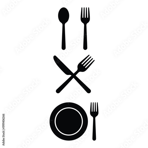 Black silhouettes of cutlery and plate.