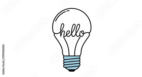 Modern line art illustration of a light bulb with the word hello written inside the glass in a stylish and friendly script font.