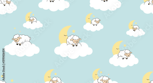Dreamy seamless pattern featuring cute fluffy sheep sleeping on soft white clouds alongside yellow crescent moons and stars.