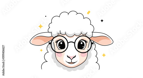 Close up illustration of a cute white sheep face wearing large black round glasses with little stars and sparkles around its head.